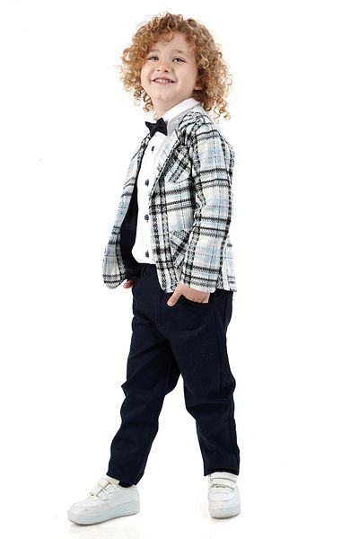 Merdia Boy's 4-Piece Suit Plaid Jacket, White Shirt, Bow Tie and Pants