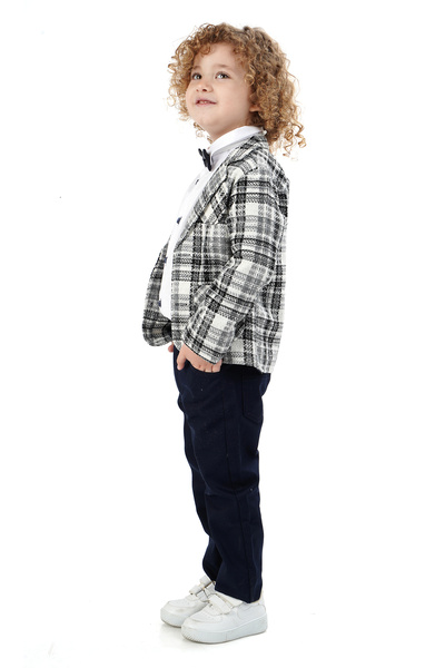 Merdia Boy's 4-Piece Suit Plaid Jacket, White Shirt, Bow Tie and Pants