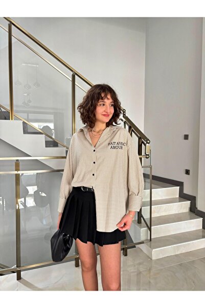 Butik Nakış Detaylı Ekose Oversize Gömlek