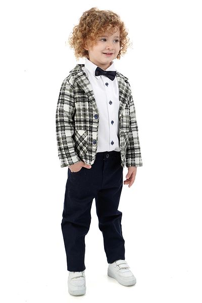Merdia Boy's 4-Piece Suit Plaid Jacket, White Shirt, Bow Tie and Pants