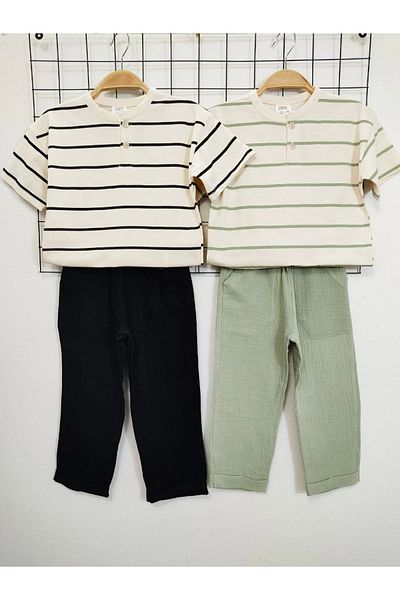 Kidmark Çocuk Modası Boy's Striped Cotton T-Shirt Muslin Green Pants Set