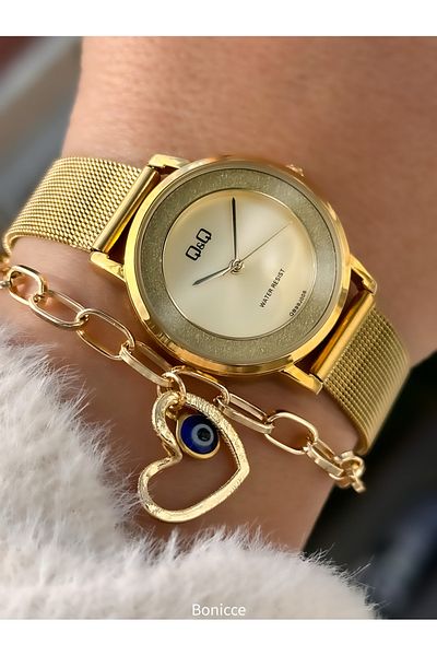 Q&Q Brand Yellow Color Mesh Steel Band Women Wristwatch Hearted Bracelet