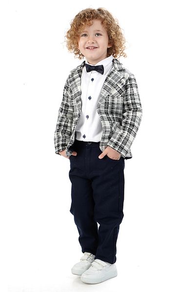 Merdia Boy's 4-Piece Suit Plaid Jacket, White Shirt, Bow Tie and Pants