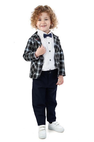 Merdia Boy's 4-Piece Suit Plaid Jacket, Print White Shirt, Bow Tie and Pants