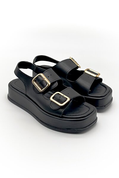 Shoebutik Black Leather Banded Buckle Detail Women's Sandals