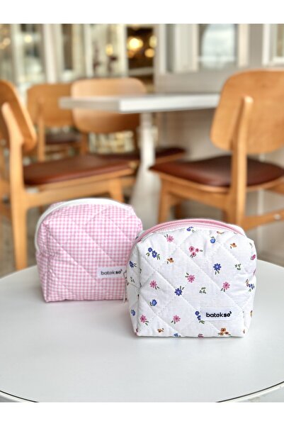 Batekso 2-Piece Mixed Blue Flower and Pink Square Patterned Makeup Bag - Small Size