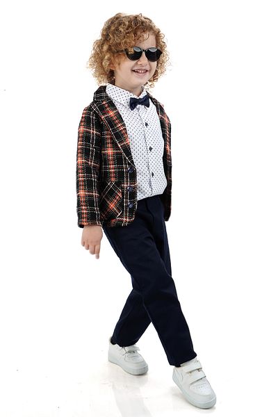 Merdia Boy's 4-Piece Suit Plaid Jacket, Print White Shirt, Bow Tie and Pants