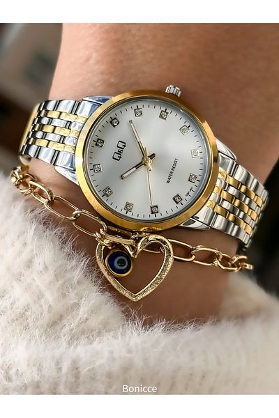 Q&Q Brand Steel Cord Yellow Silver Color Women's Wrist Watch Bracelet with Heart