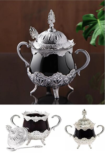 BİTERSE Dekoratif Lüks Parlak Siyah Porselenli Kaşıklı Şekerlik Gümüş Renk