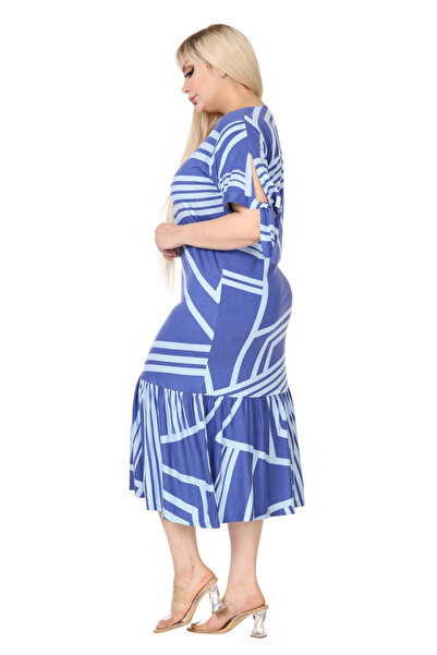 MELSAY Γυναικείο τετράγωνο γιακά κοντό μανίκι μπλε ριγέ μοτίβο μανίκια με κορδόνι με κορδόνια σε μεγάλο μέγεθος