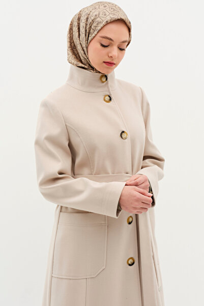 Tuğba Dik Yakalı Beli Kuşaklı Manto - Bej
