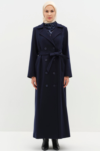 Tuğba Kruvaze Beli Kuşaklı Manto - Lacivert