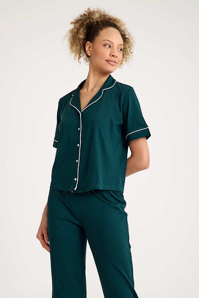 No52 HomeWear Σετ γυναικείες πιτζάμες κοντομάνικο 100% βαμβακερό σκούρο πράσινο χρώμα Premium ποιότητας
