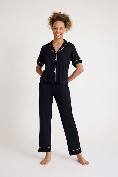No52 HomeWear Set de pijamale cu mânecă scurtă pentru femei, 90% bumbac, 10% elastan, culoare neagră