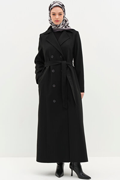 Tuğba Kruvaze Beli Kuşaklı Manto - Siyah