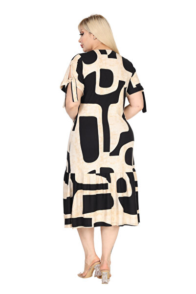 MELSAY Women's Square Neck Short Sleeve Sleeves Rope Lacing Beige Geometric Pattern Dress