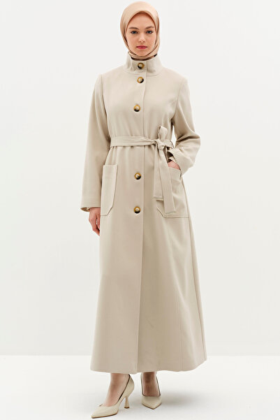 Tuğba Dik Yakalı Beli Kuşaklı Manto - Ekru