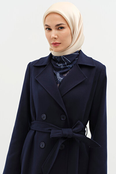 Tuğba Kruvaze Beli Kuşaklı Manto - Lacivert