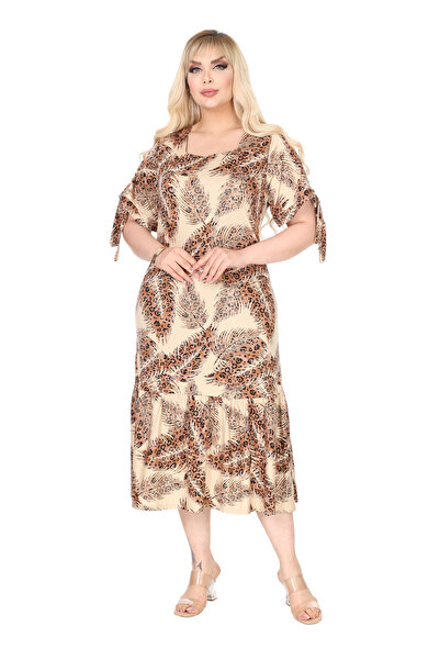 MELSAY Kadın Kare Yaka Kısa Kol Bej Başak Desen Kolları İp Bağlama Büyük Beden Elbise