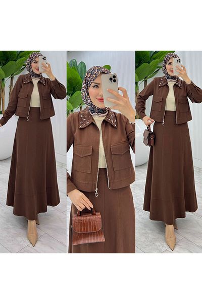 FIRSTESLEM Women's Double Suit with Jeans Collar, Jackets and Skirts in Soft Denim Fabric