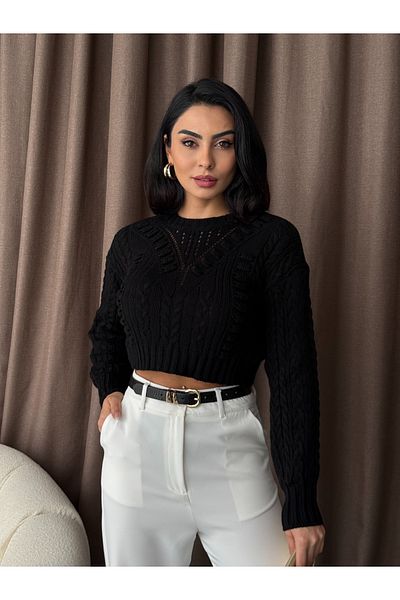 BİKELİFE Pulover de damă, negru, cu decolteu, împletit, scobit, cu design special, tricotaj