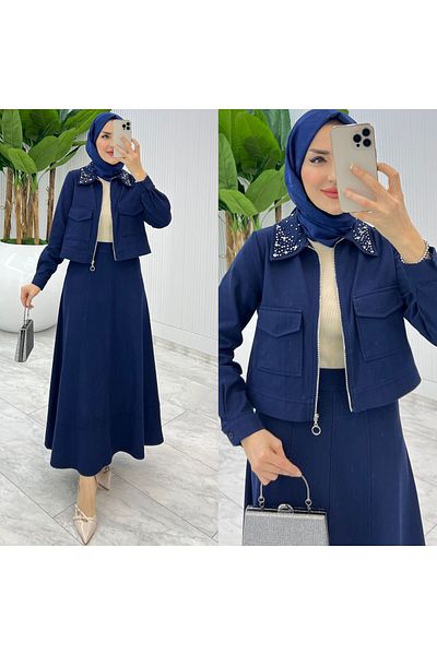 FIRSTESLEM Women's Double Suit with Jeans Collar, Jackets and Skirts in Soft Denim Fabric