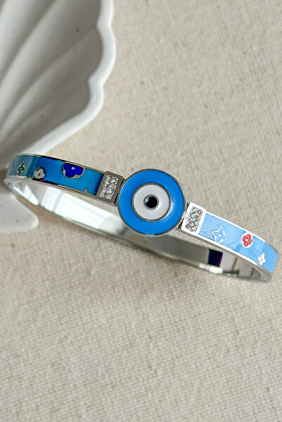 Steel 18 Cm Surrounded Evil Eye Blue Women's Clamp Silver Color Karamaz