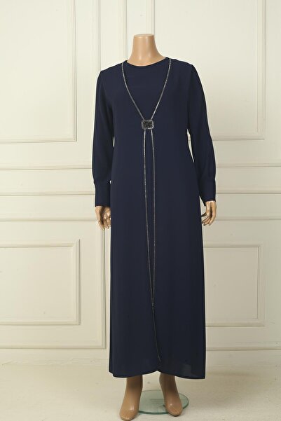 By Saygı Women's Sleeve Zipper Waist Buckle Stone Detailed Plus Size Floor-Length Crepe Dress