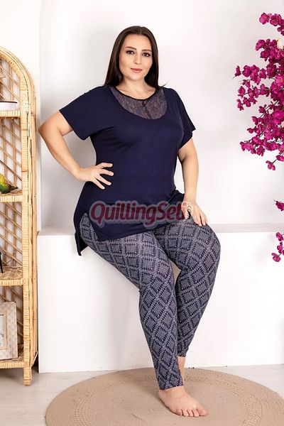 quilling Navy Blue Color and Patterned Lady 10973 Oversize Mother Pajamas Set