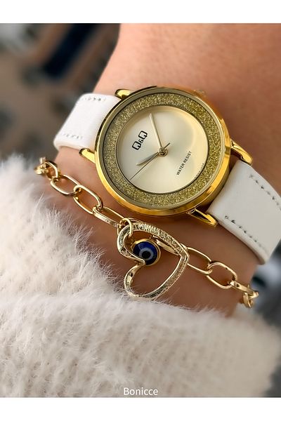 Q&Q Brand Retro White Leather Band Polite Women's Wristwatch + Bracelet