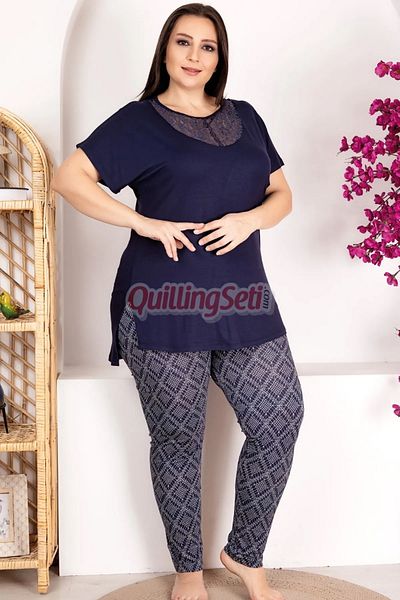 quilling Navy Blue Color and Patterned Lady 10973 Oversize Mother Pajamas Set
