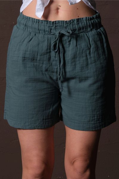 Maule Green 100% Cotton Muslin Fabric Relaxed Cut Lace up Elastic Pocket Women's Shorts @Las Palmas