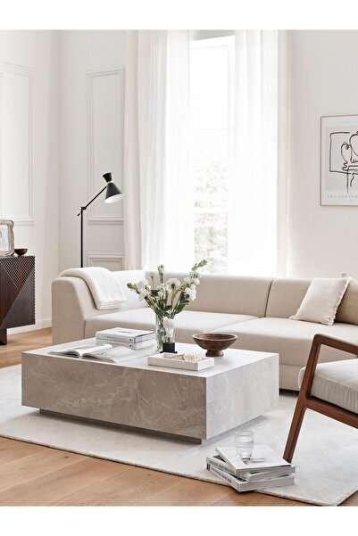 Eriza Home 1002 Kare Traverten Mermer Desenli Modern Orta Sehpa, Krem