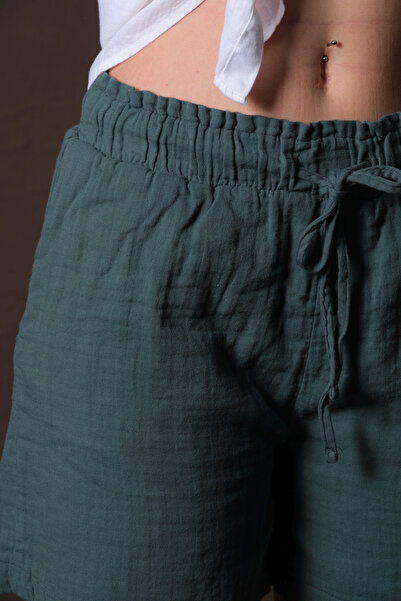 Maule Πράσινο 100% βαμβακερό ύφασμα μουσελίνας χαλαρή εφαρμογή με κορδόνια ελαστική τσέπη γυναικείο σορτς @las Palmas