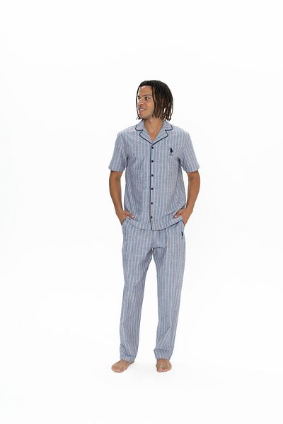 U.S. Polo Assn. Ανδρικό σετ πιτζάμες Navy Blue - Αδειοδοτημένο, 100% βαμβάκι, μπροστινό κουμπί