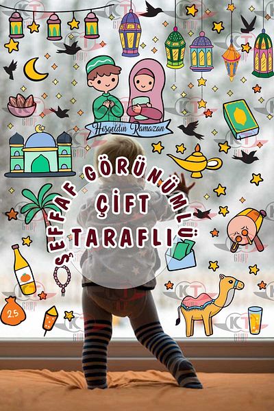 Kt Grup Ramadan Bear Themed Glass Wall Ornaments Double Sided Sticker Set