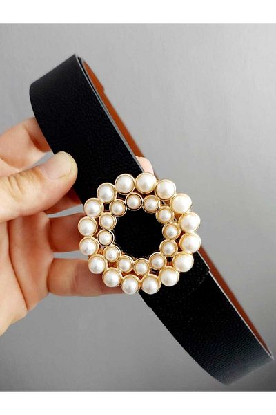 Kemerix Women's Pearl Stone Gold Round Buckle Double Sided Black-tan Belt