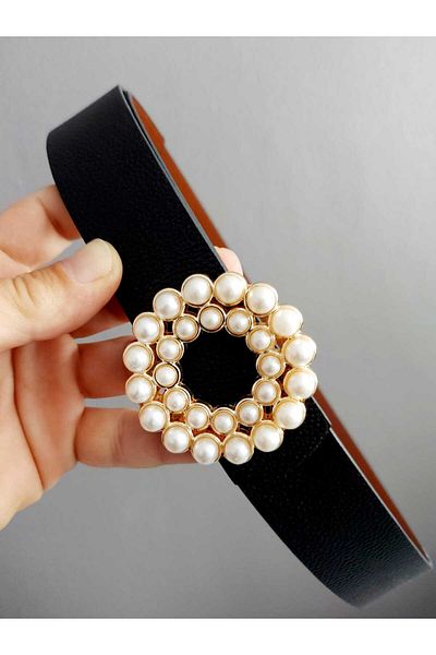 Kemerix Women's Pearl Stone Gold Round Buckle Double Sided Black-tan Belt