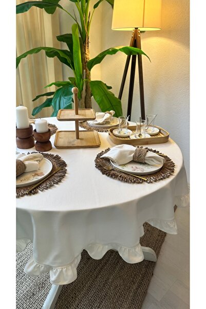 Decamor home Cotton Fabric Vintage Ruffled Ecru Round Tablecloth
