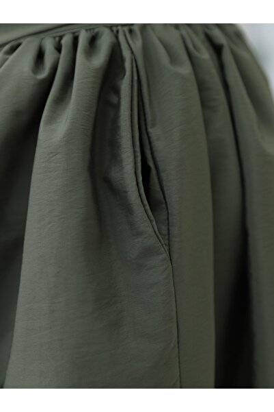 Modamorfo Khaki Color Parachute Fabric - Pleated and Belted Skirt