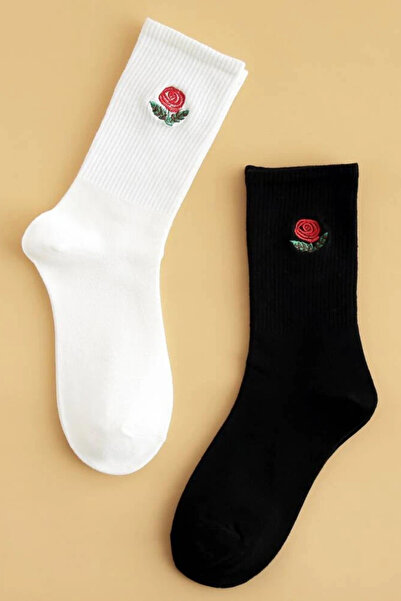 AYDK Комплект чорапи с бродерия „Червена роза“ за лято и зима, памук, черно-б...