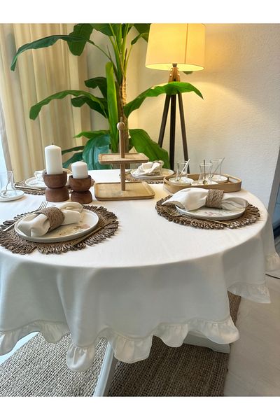 Decamor home Vintage Linen Frilly Ecru Round Table Cloth