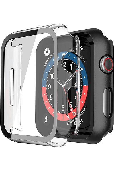 AWH 2-Pack PC Case with Tempered Glass Screen Protector for Apple Watch 44mm, Black + Transparent