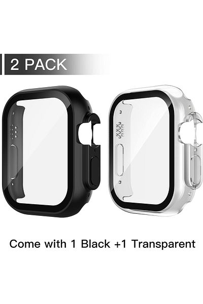 AWH 2-Pack Hard Case,Tempered Glass Protector for Apple Watch Ultra 2 49mm, 1Black + 1 Transparent