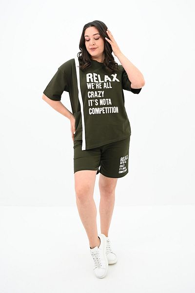 Koza Butik Plus Size Text Printed Shorts Set - 3796-23