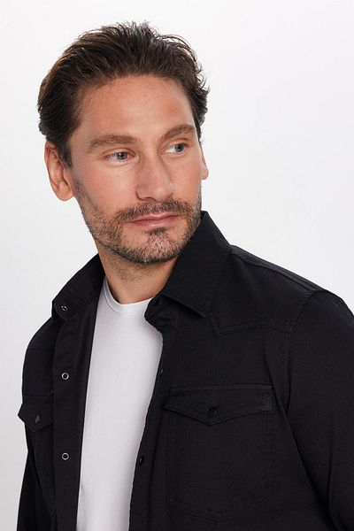 Tudors Slim Fit Μακρυμάνικο Casual Τζιν Τζιν Ανδρικό Μαύρο Πουκάμισο