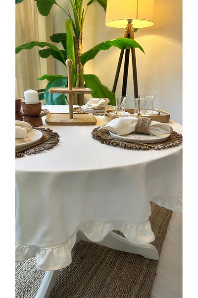 Decamor home Vintage Linen Frilly Ecru Round Table Cloth