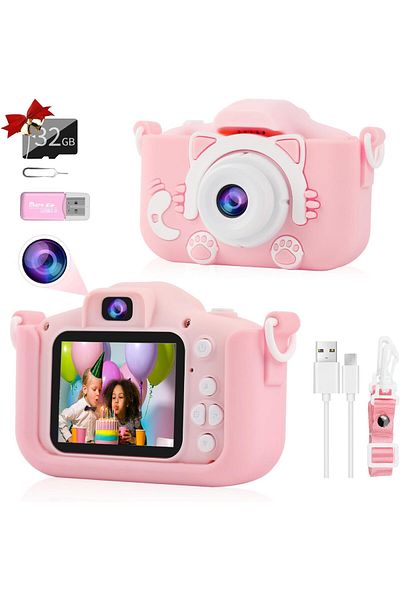 AWH AHW Kids 1080P Camera for Girls, 2" IPS Screen, Silicone Case, 32GB Card, Gift for Ages 3-8 (Pink)