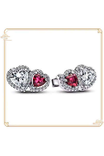 Hector&Co. Jewellery Gümüş Hale Kalpler Kırmızı Beyaz Çivi Küpeler