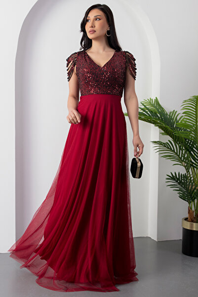 PULLIMM Üstü Pul Payetli Altı Tül Uzun Abiye Elbise 13118